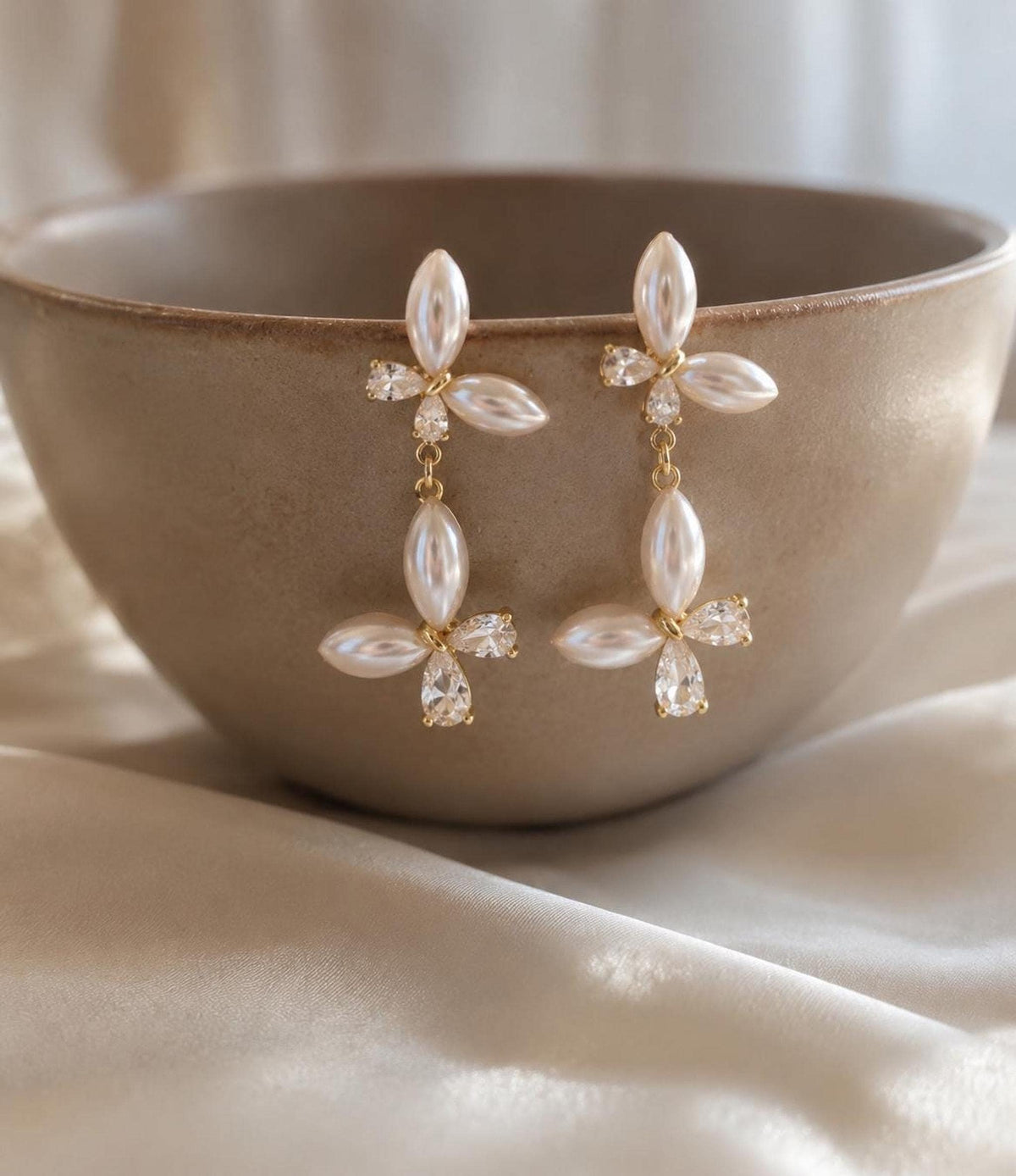 Gold Pearl Drop Bridal Earrings, Elegant Wedding Jewelry with Crystal Detailing