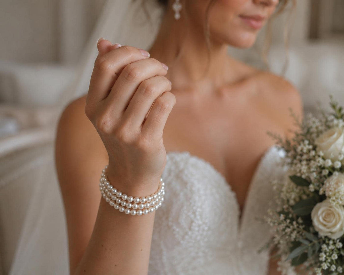 Multi Strand Pearl Bridal Bracelet Cuff, Classic Wedding Jewelry
