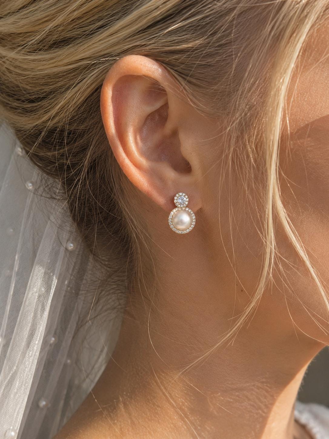 18k Gold Plated Sterling Silver Pearl Bridal Earrings, Crystal Halo Drop Wedding Jewelry
