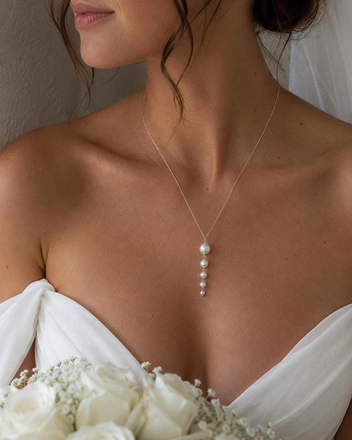 Silver Pearl Drop Necklace, Elegant Bridal Jewelry with 47 cm Chain