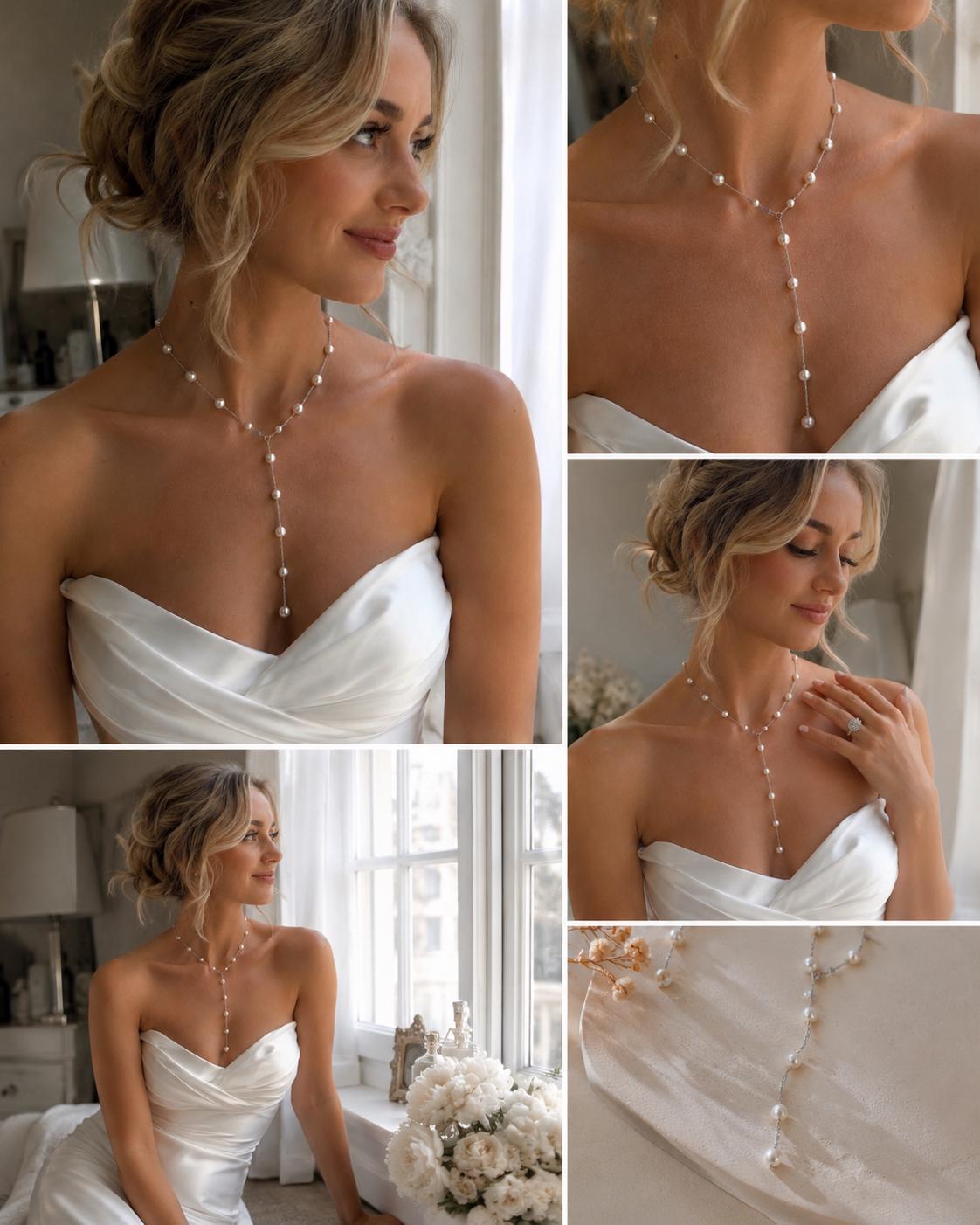 Elegant Silver Pearl Lariat Necklace, Custom Length Bridal Jewelry