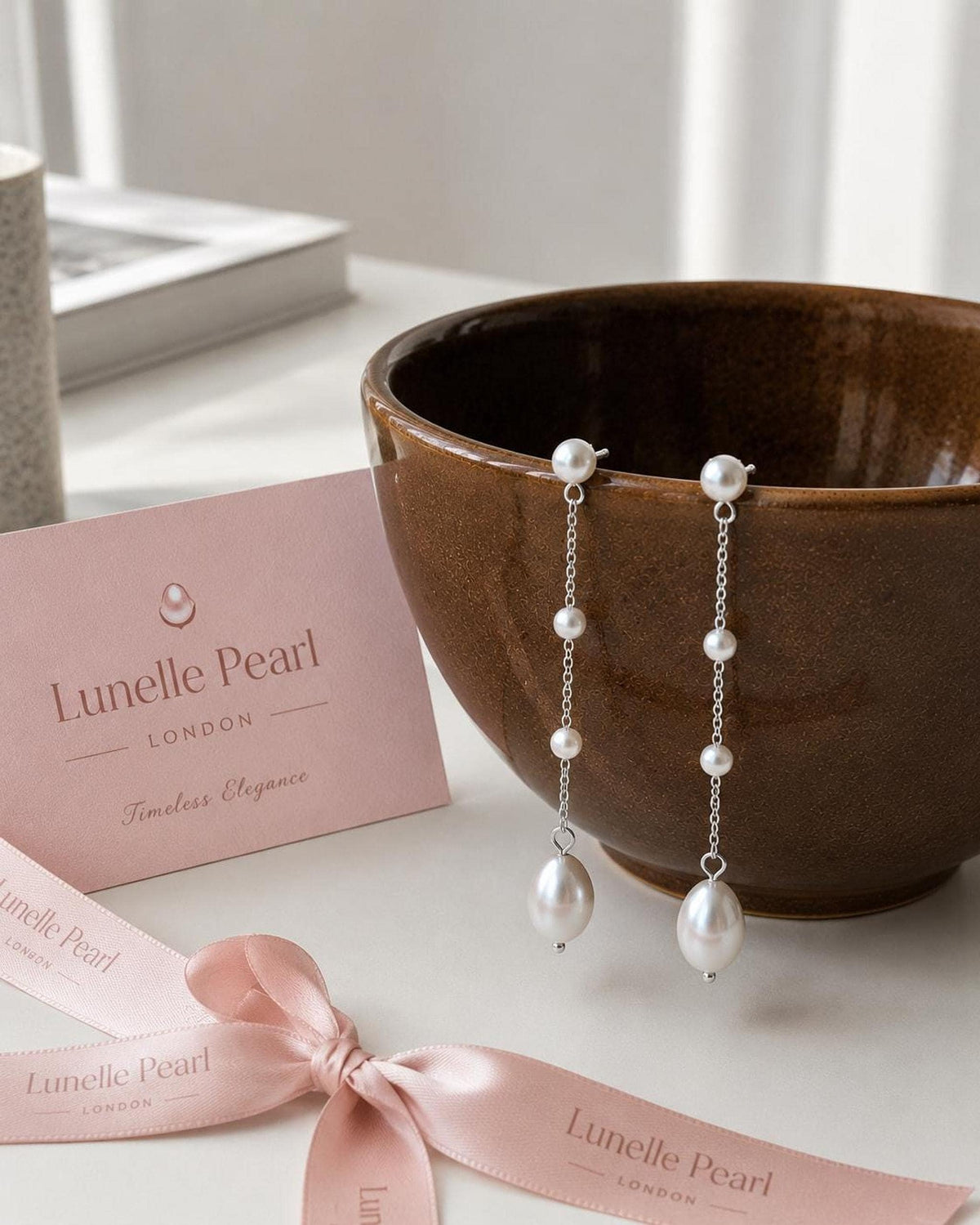 Delicate Pearl Long Drop Bridal Earrings, 14K Gold or Silver Filled Chain
