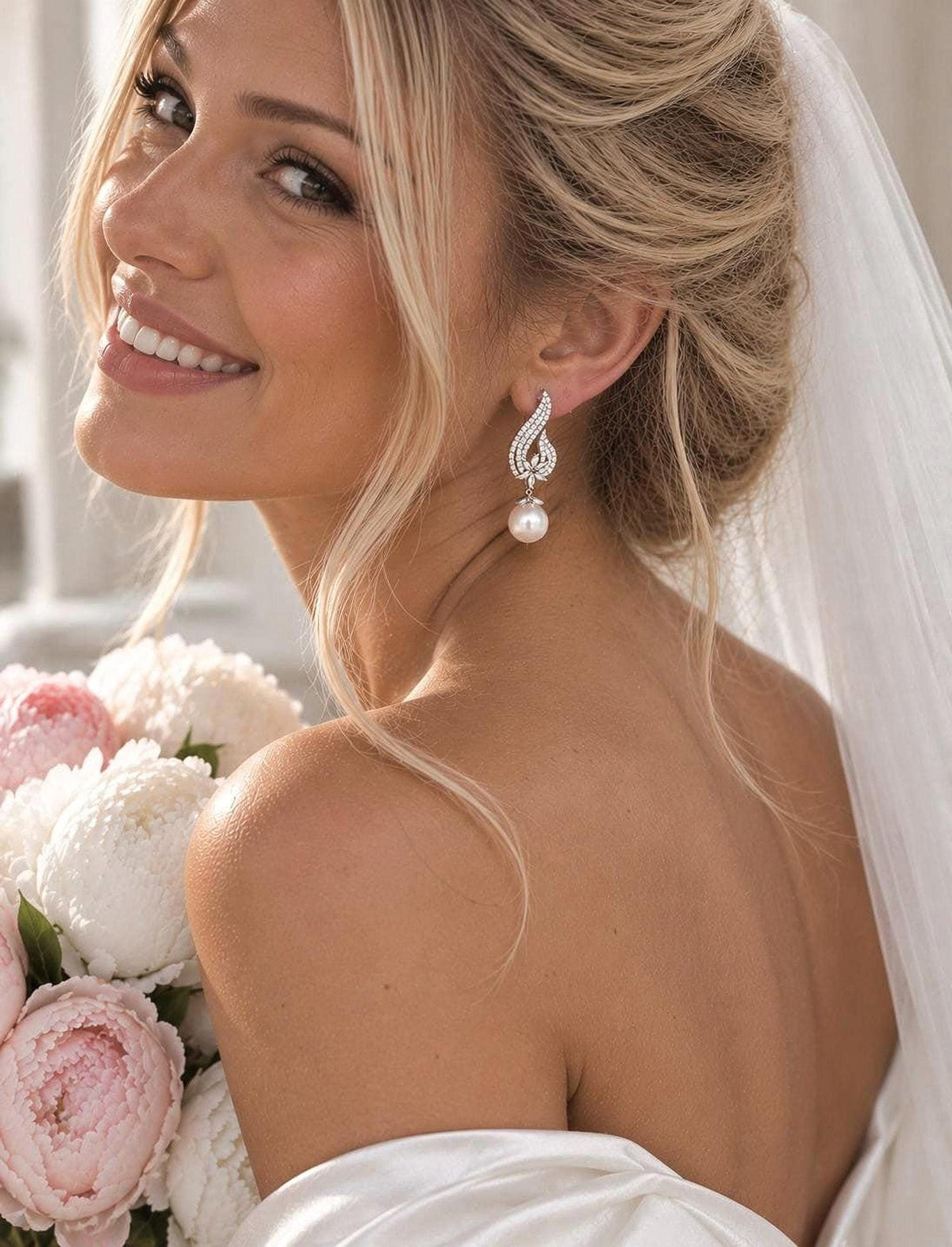 Pearl Bridal Earrings, Stainless Steel Zirconia Drop, 5 cm Wedding Jewelry
