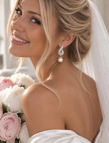 Pearl Bridal Earrings, Stainless Steel Zirconia Drop, 5 cm Wedding Jewelry