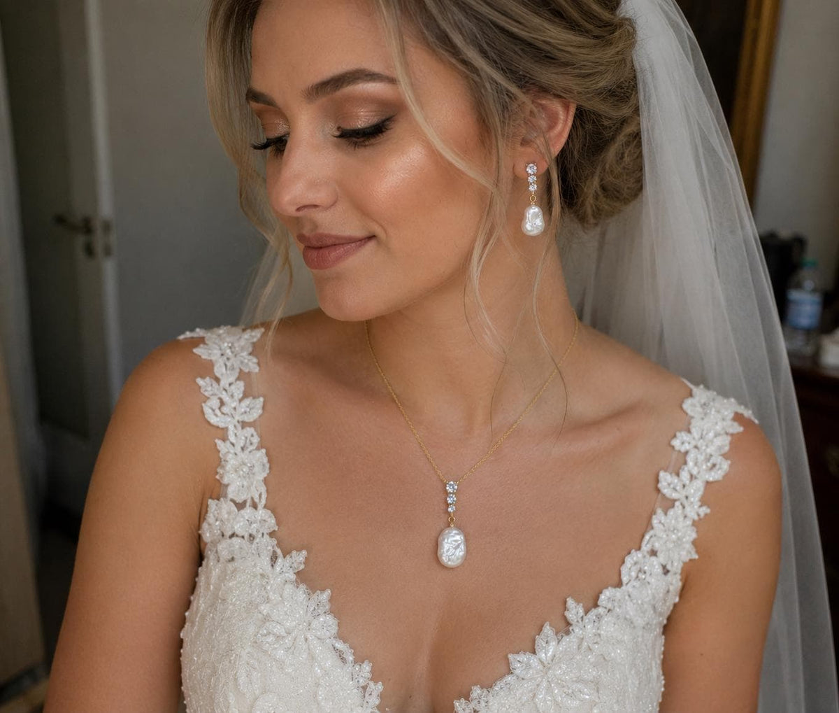 18K Gold Plated Baroque Pearl Jewellery Set, Bridal Necklace Earrings, Elegant Wedding