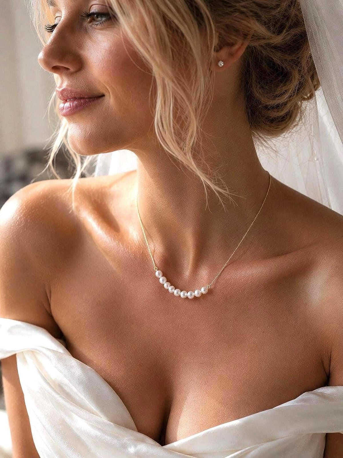 Ethereal Pearl Bridal Necklace, Gold Plated Chain, Minimalist Bride Jewelry