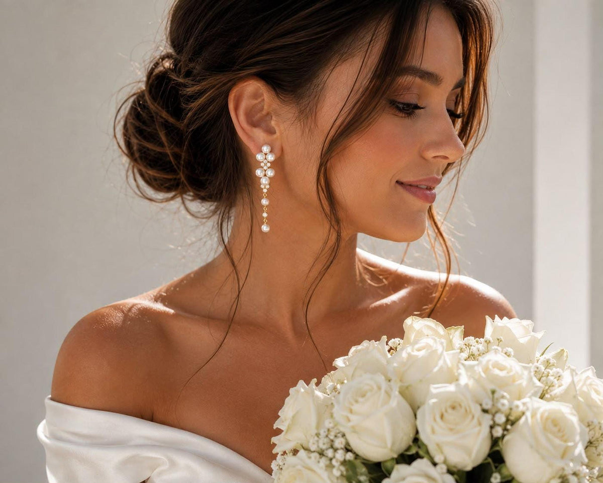 Long Floral Pearl Drop Earrings, Gold-Tone Bridal Jewelry for Weddings