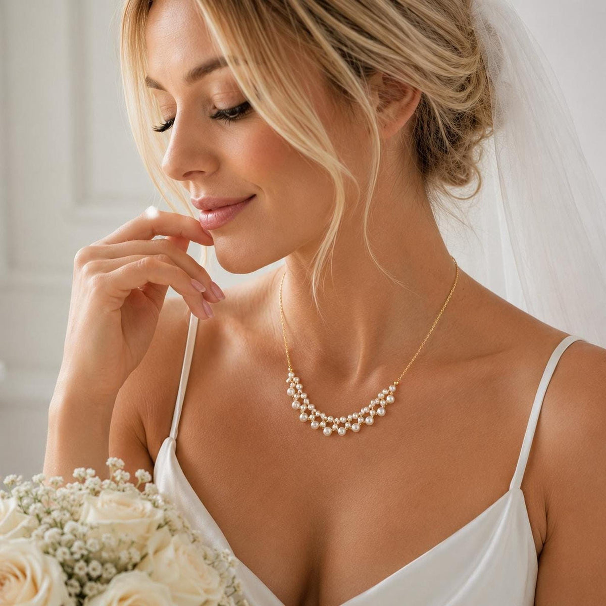 Dainty Ivory Pearl Necklace with Gold Chain, Elegant Bridal Jewelry for Special Occasions