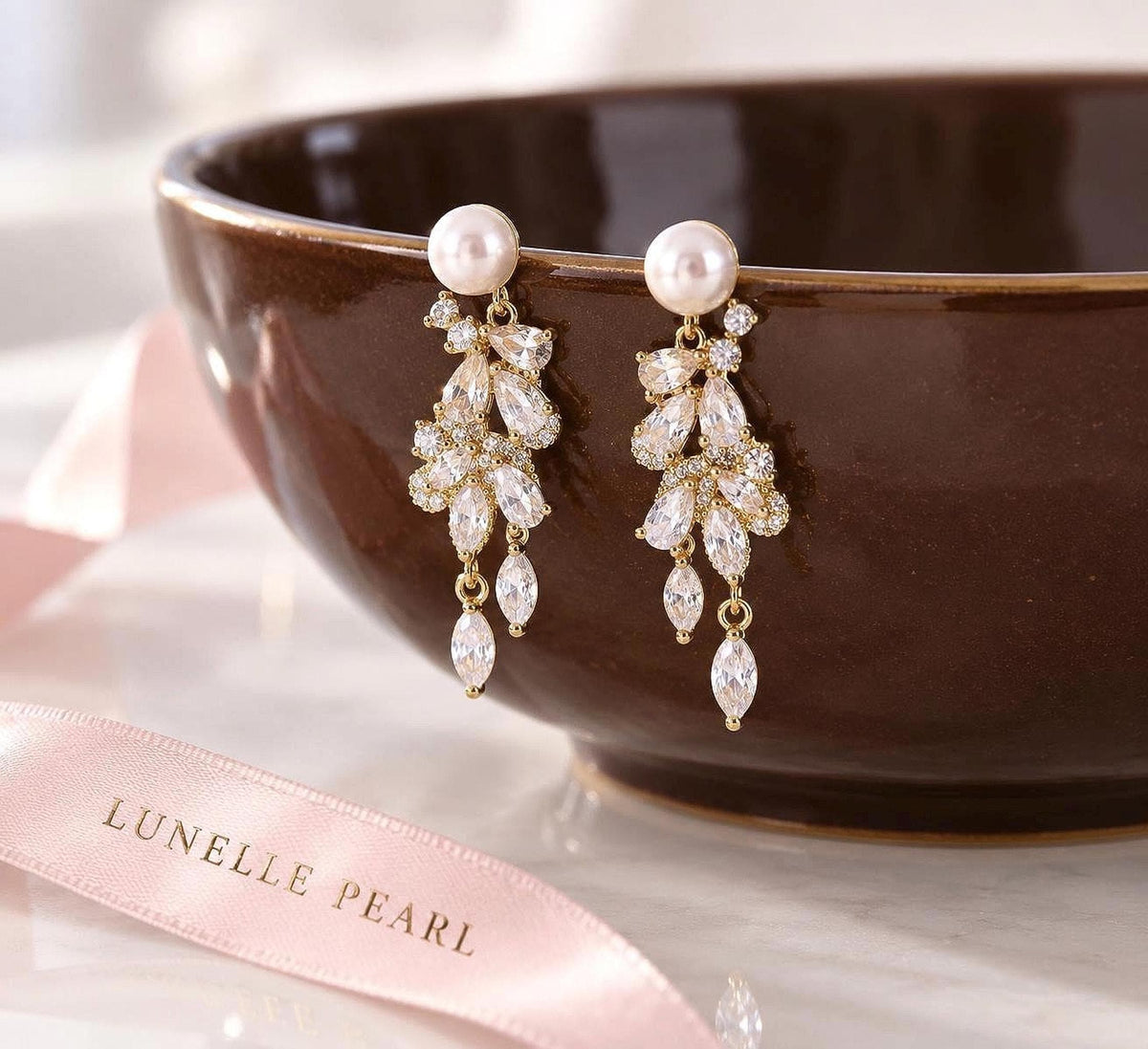 Mother of Pearl Vine Earrings – Gold Crystal Bridal Drops