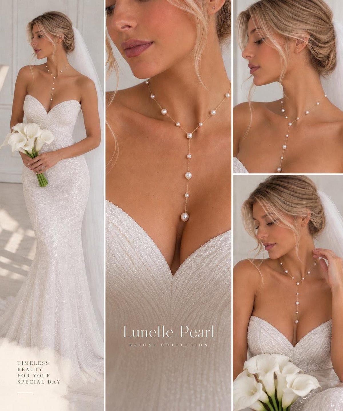 Pearl Lariat Bridal Necklace, 14K Gold Plated Y with Elegant