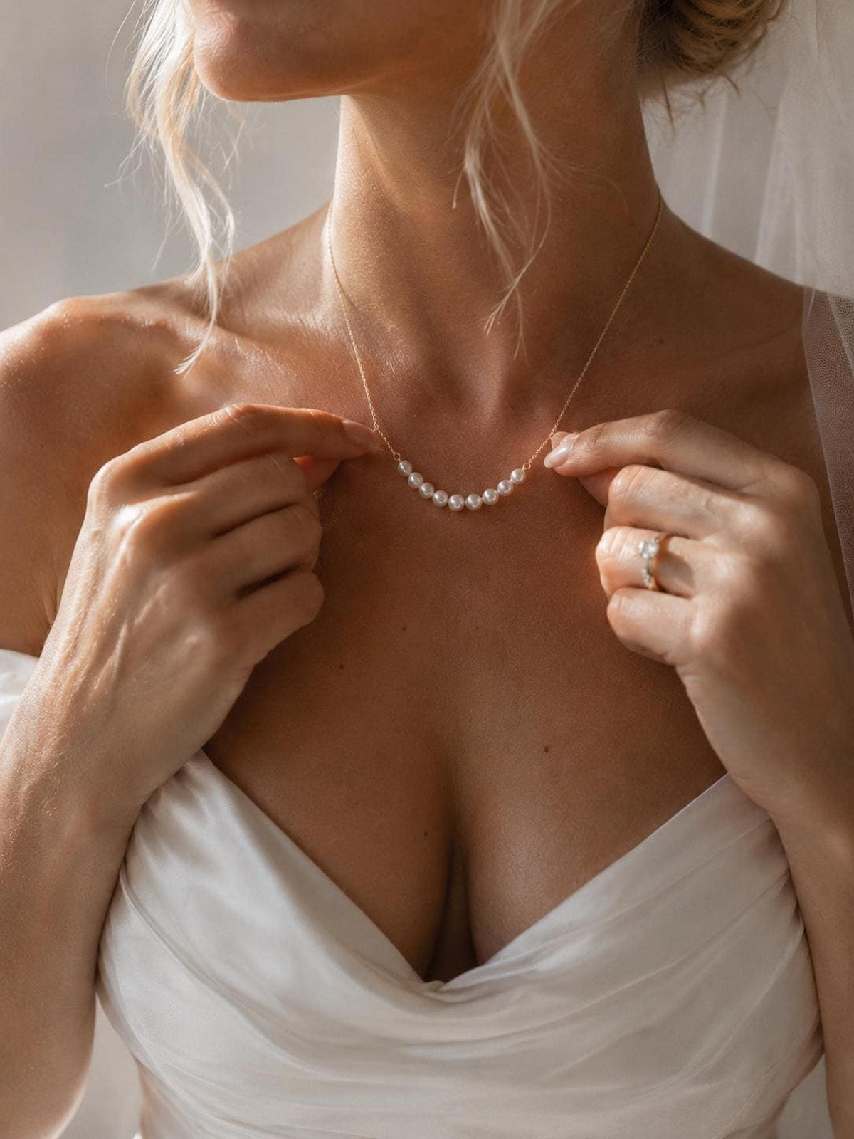 Ethereal Pearl Bridal Necklace, Gold Plated Chain, Minimalist Bride Jewelry